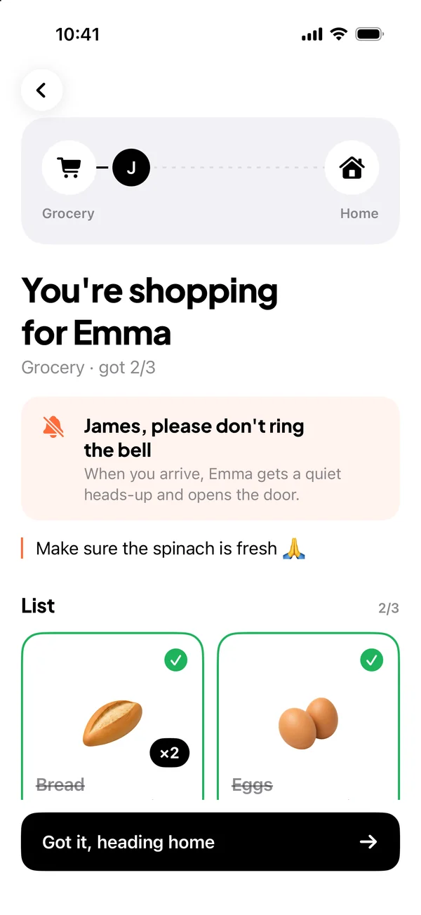 The shopper’s list: items with pictures and a don’t-ring-the-bell note