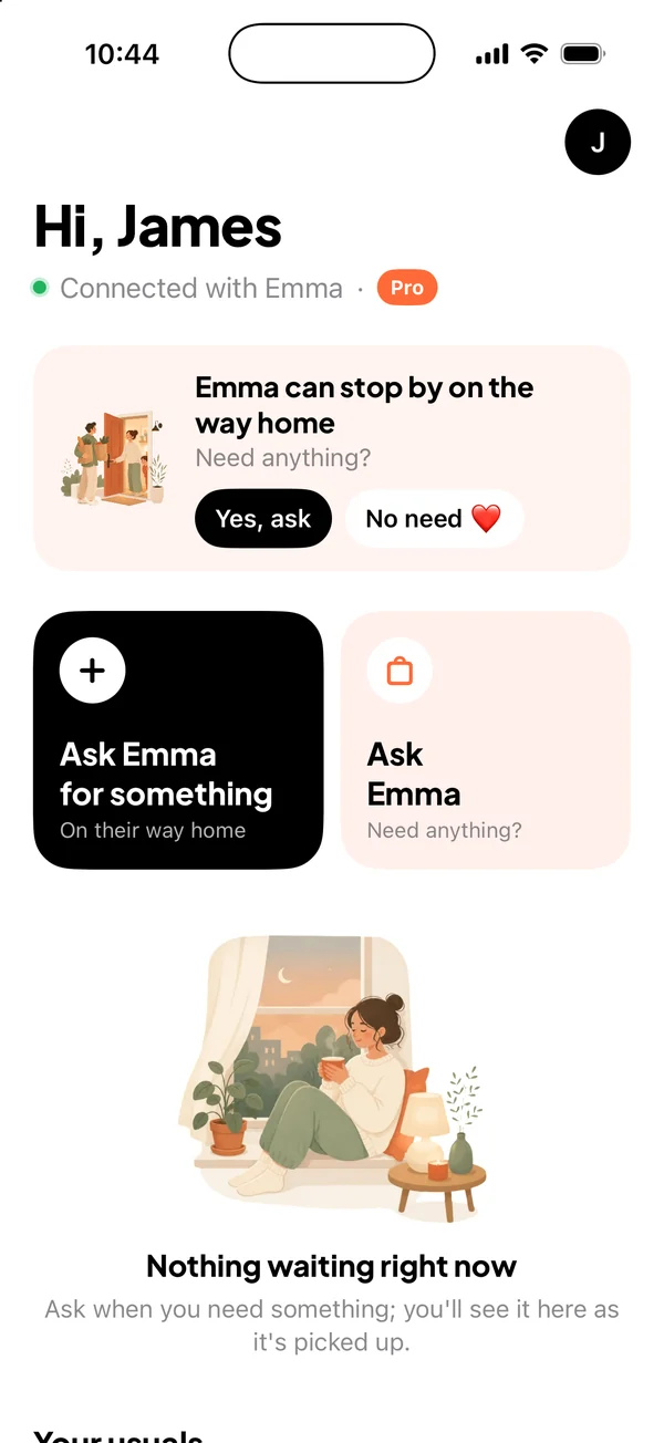 The question on the home screen: Emma can stop by on the way home. Need anything?