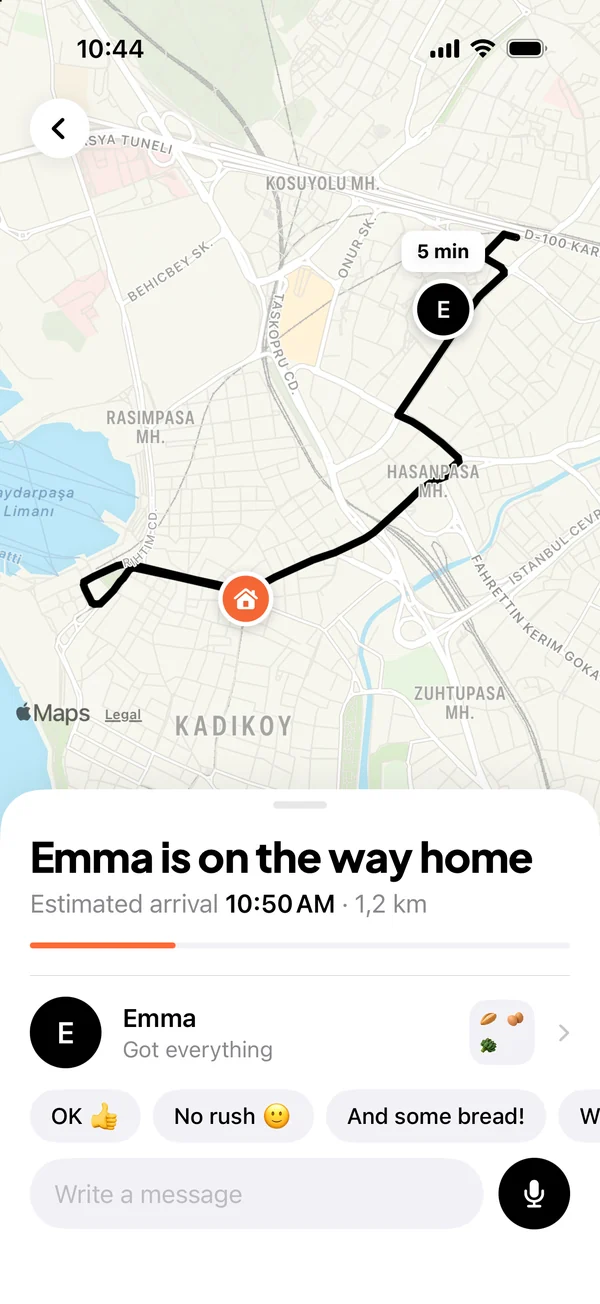 Map: the route home, arrival time and quick replies