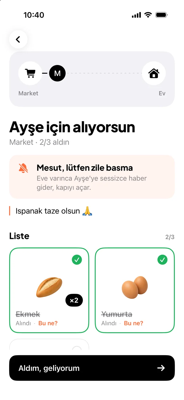 Getiren tarafın listesi: ürünler görselleriyle, zile basma notuyla
