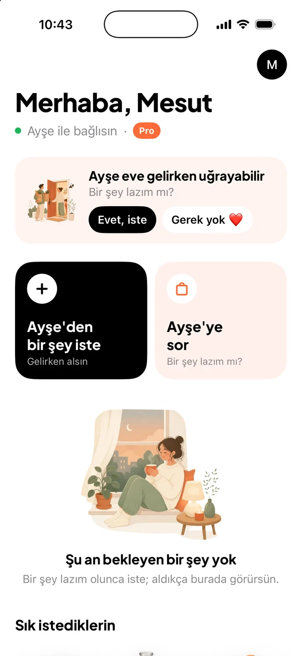 Ana ekranda gelen soru: Ayşe eve gelirken uğrayabilir, bir şey lazım mı?